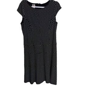 Anne Klein Women's SZ 12 Black W/ White Dots Dress Midi A-line Cap Sleeves